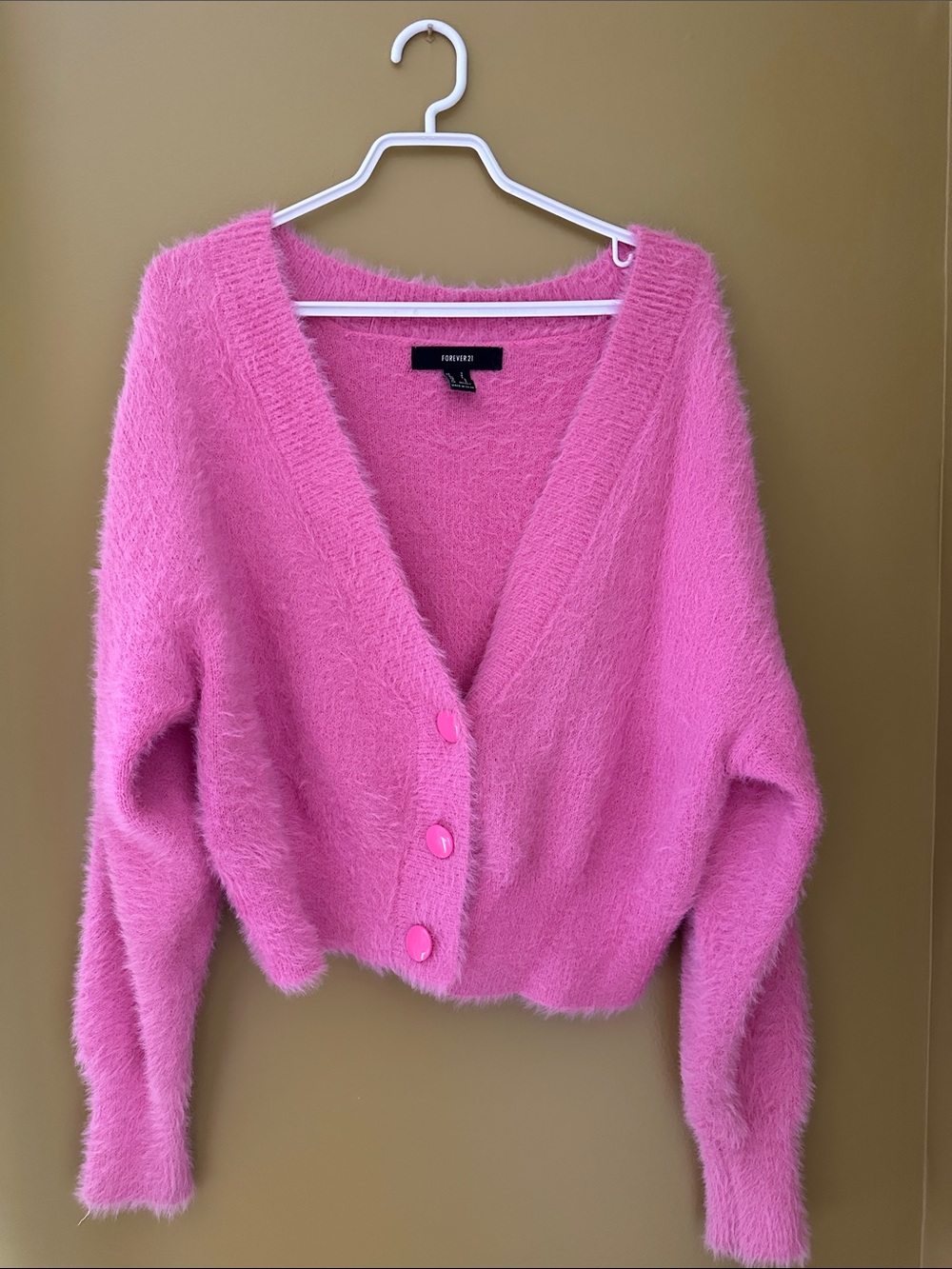 Hot Pink Fuzzy V-Neck Button Cardigan